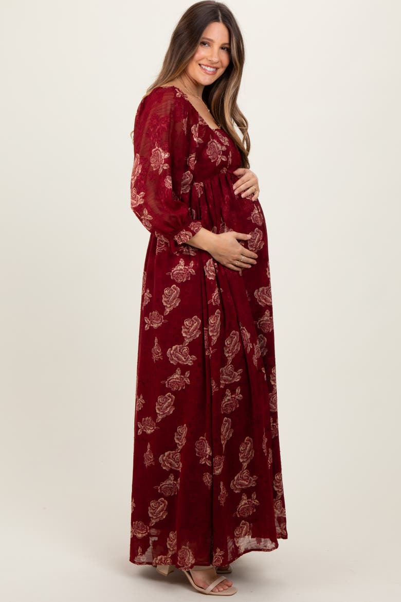 Multi Floral Textured Peasant Babydoll Maxi Dress, Alternate, color, Burgundy