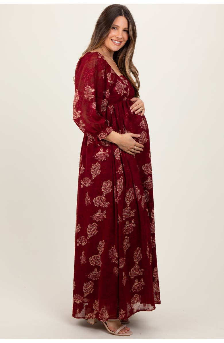 PinkBlush Multi Floral Textured Peasant Babydoll Maxi Dress, Alternate, color, Burgundy