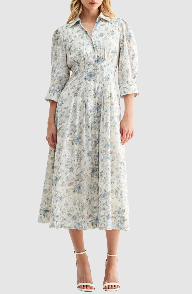 Mila Mae Embroidered Floral Print Midi Shirtdress, Main, color, Blue Floral