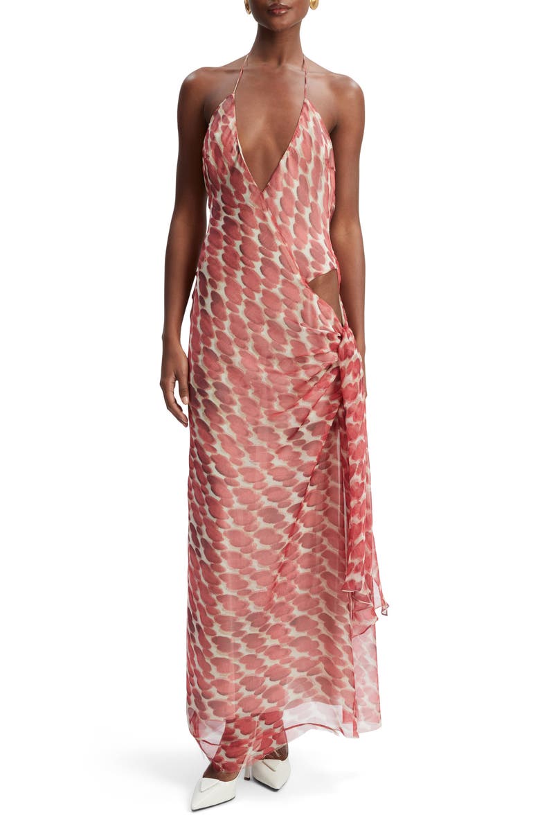 Bardot Cyrel Print Plunge Halter Chiffon Maxi Dress, Main, color, Red Spot