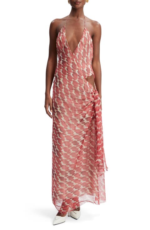 Cyrel Print Plunge Halter Chiffon Maxi Dress