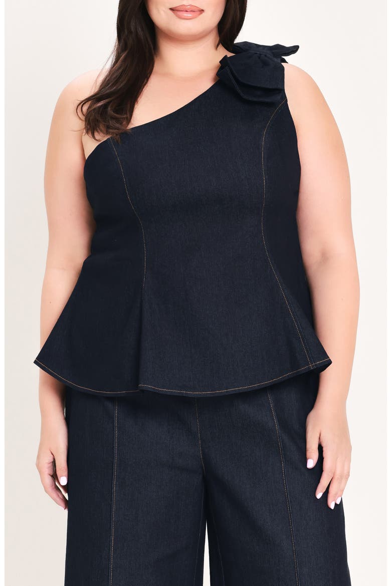 One Shoulder Bow Cotton Blend Top, Main, color, DARK DENIM