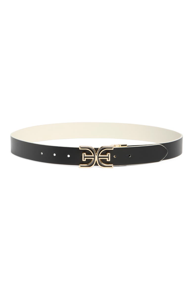 Monogram Swivel Leather Belt, Alternate, color, BONE/ BLACK