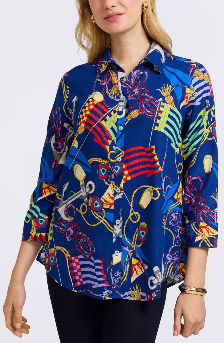 Foxcroft Zoey Nautical Three-Quarter Sleeve Linen Blend Button-Up Shirt, Main, color, Navy Multi