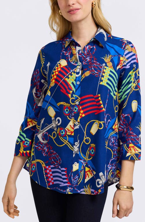 Foxcroft Zoey Nautical Three Quarter Sleeve Linen Blend Button-up Shirt In Navy Multi