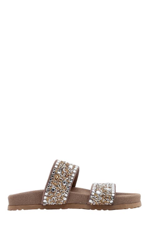 Jamie Leather Double Strap Slide Sandal with Stones