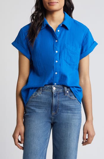 Caslon Cotton Gauze Camp Shirt In Blue
