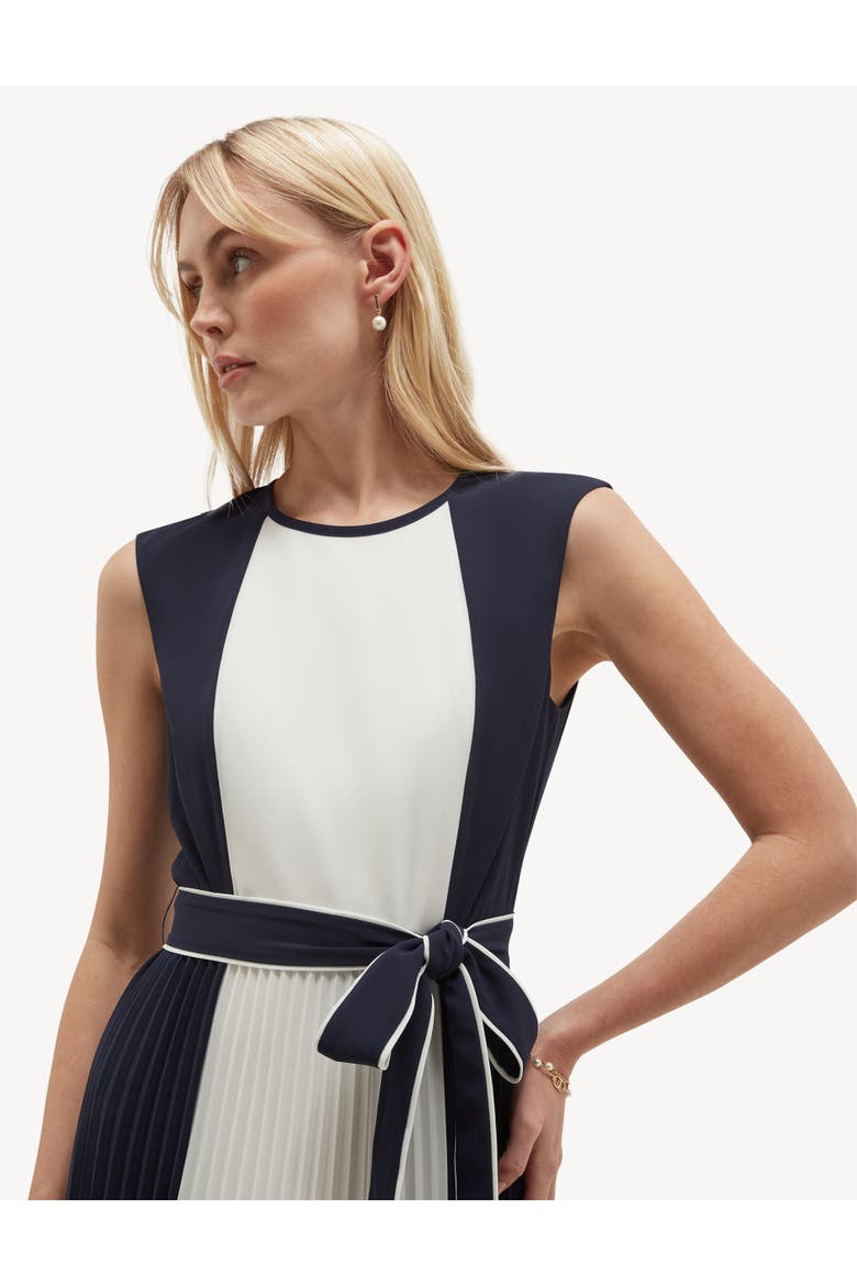 Hattie Pleated Tie-Waist Midi Dress, Alternate, color, Midnightivory