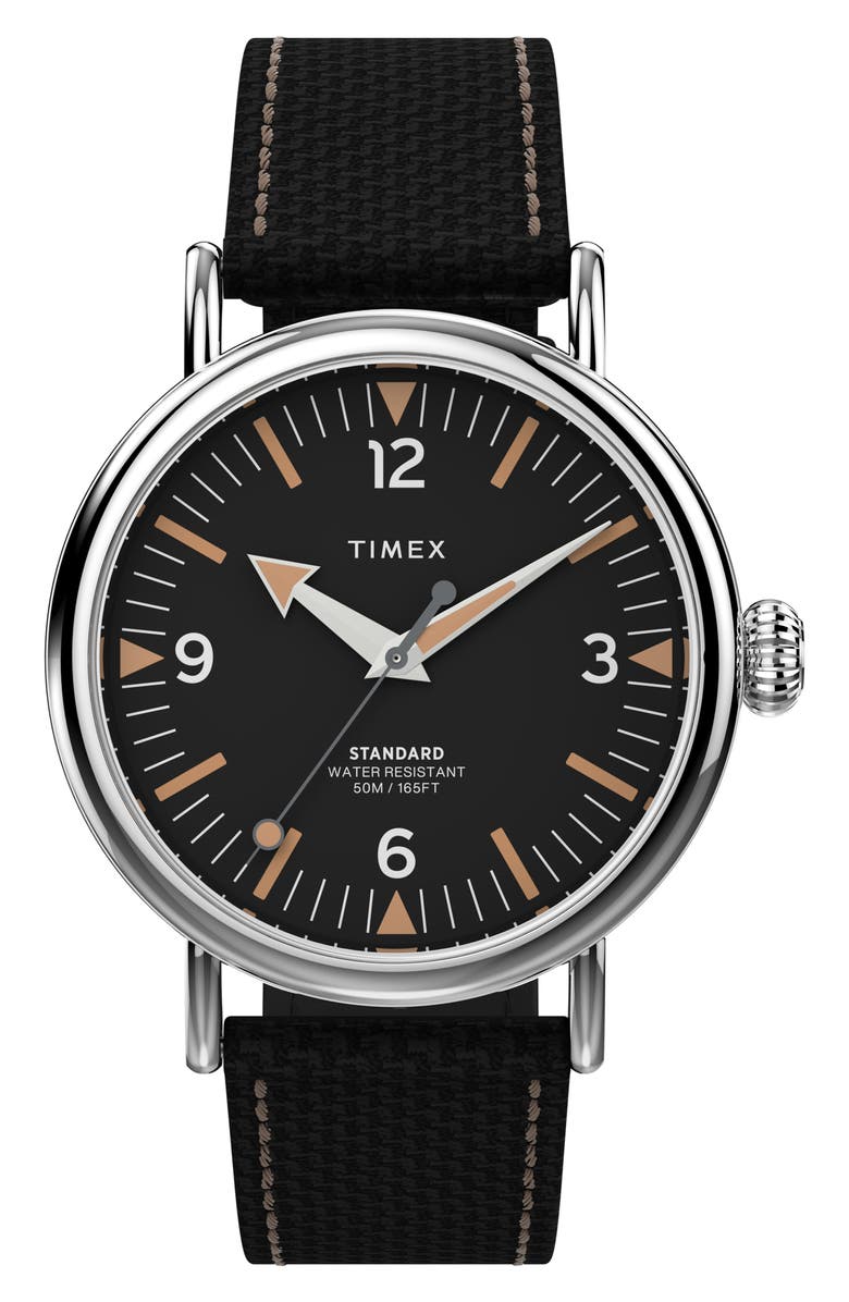 Timex<sup>®</sup> Standard Leather Strap Watch, 40mm, Main, color, Silver/ Black/ Black