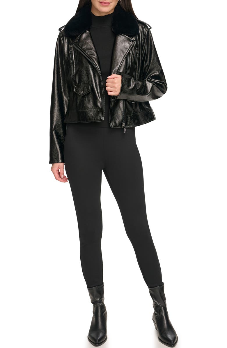 DKNY Crackle Faux Leather Moto Jacket with Faux Fur Collar, Alternate, color,