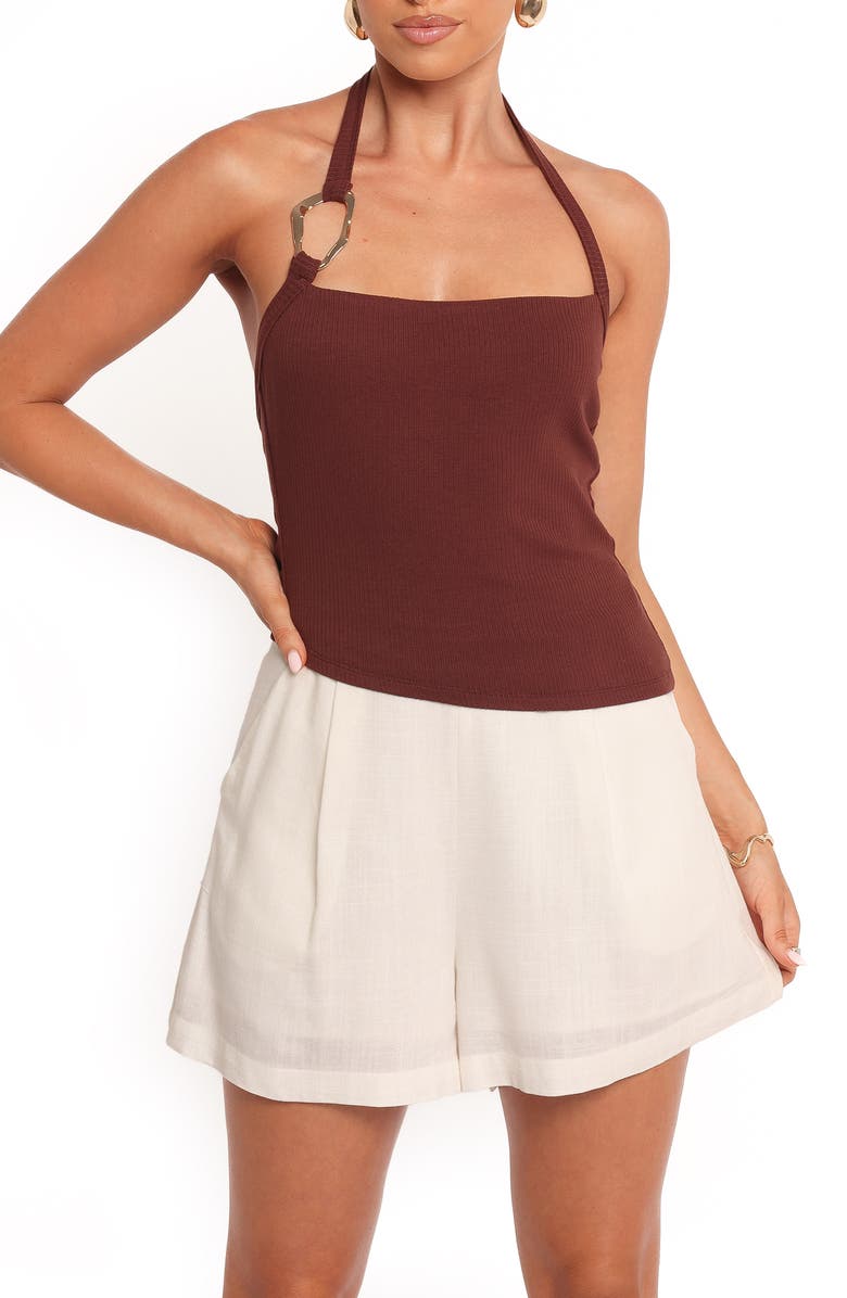 Petal & Pup Yulissa Asymmetric Rib Halter Top, Main, color, Chocolate Brown