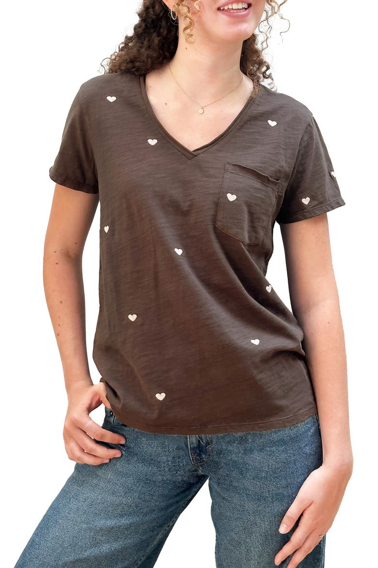 Pink Hearts Embroidered T-Shirt, Main, color, COFFEE