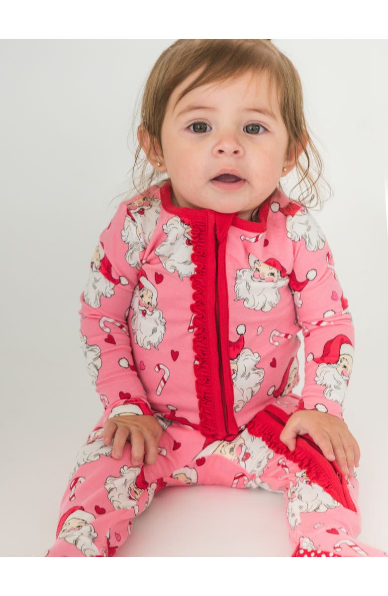 RuffleButts Baby Girls Modal Blend Ruffle One Piece Footie Pajamas, Alternate, color, Pink Santa Joy