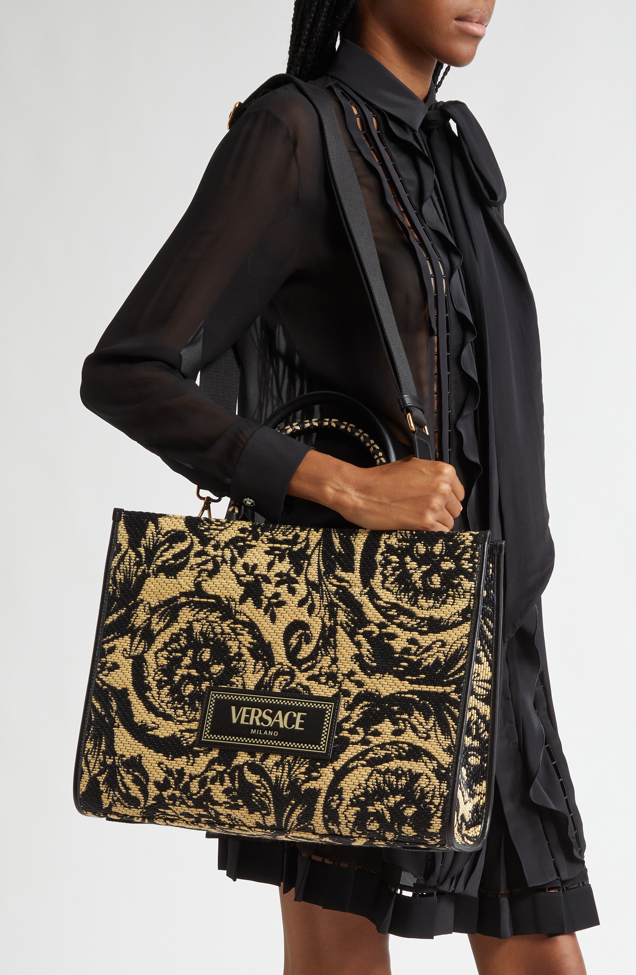 Versace Large Barocco Floral Raffia Tote, Alternate, color, 