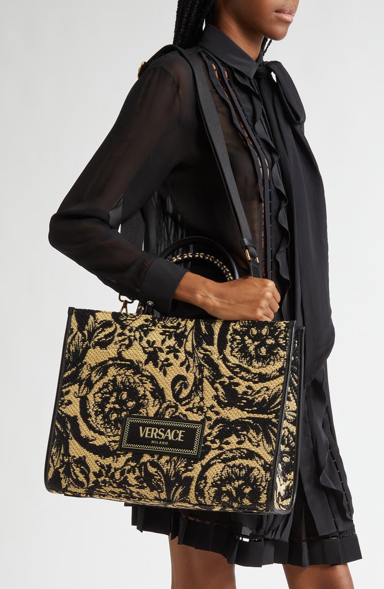 Versace Large Barocco Floral Raffia Tote, Alternate, color,