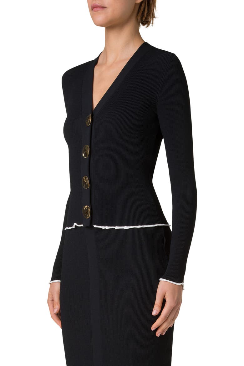 V-Neck Rib Cardigan, Alternate, color, BLACK-CREAM