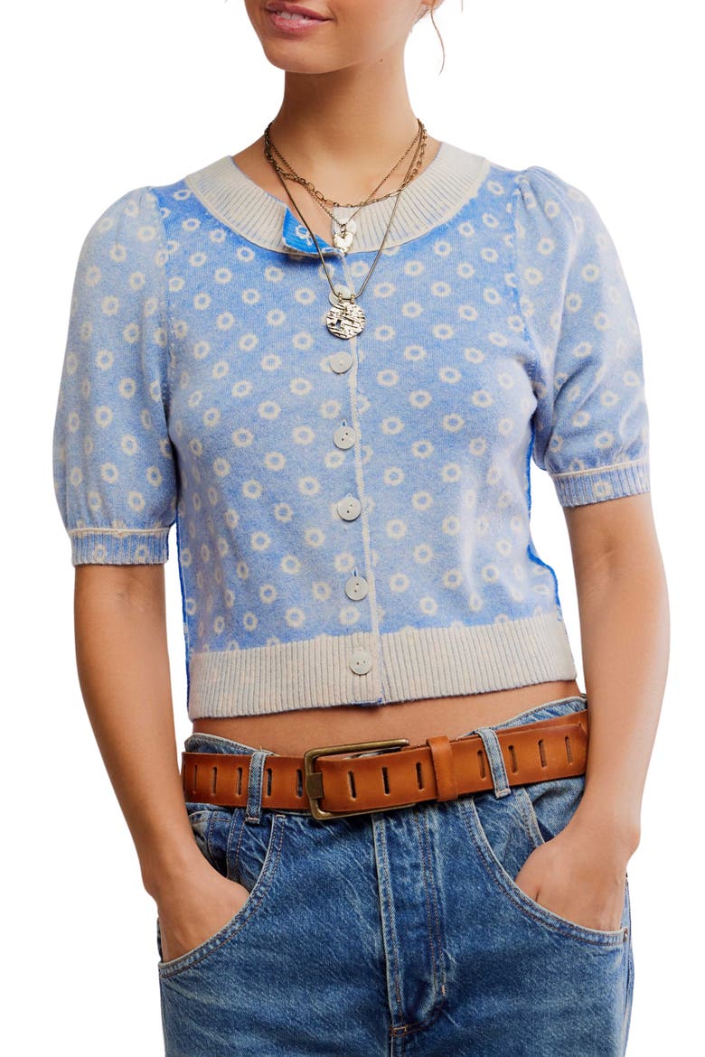 Isla Puff Sleeve Crop Wool & Cashmere Blend Cardigan, Main, color, BLUE COMBO