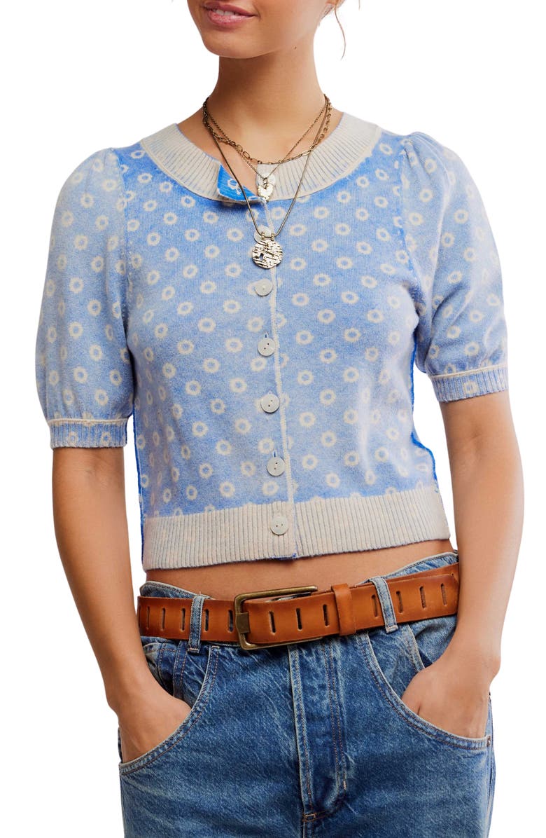 Free People Isla Puff Sleeve Crop Wool & Cashmere Blend Cardigan, Main, color, Blue Combo