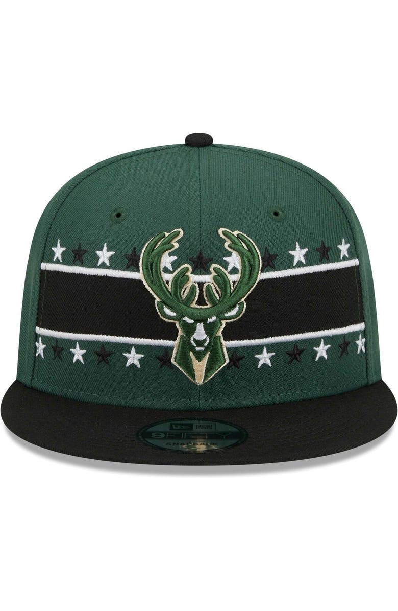 New Era Men's New Era Hunter Green Milwaukee Bucks Banded Stars 9FIFTY Snapback Hat, Alternate, color,
