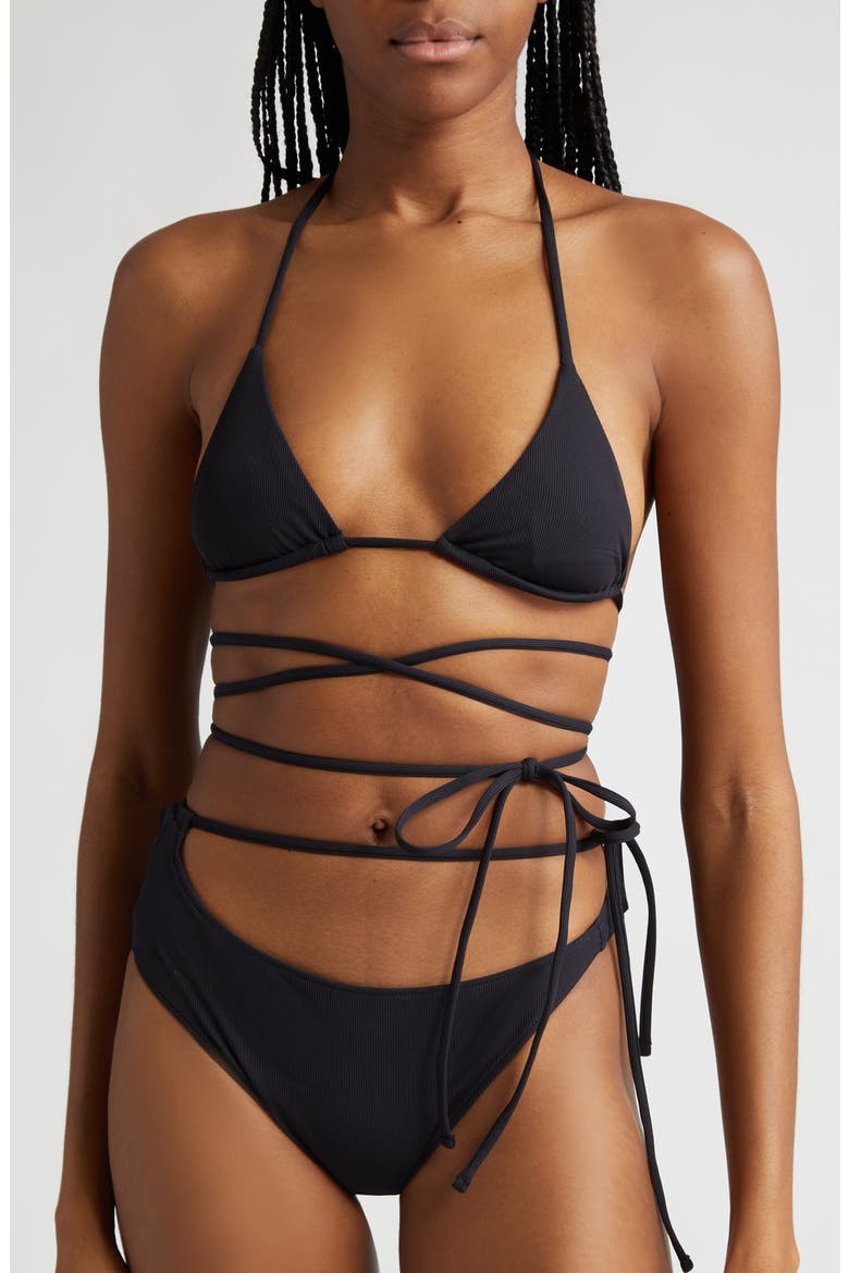 Naomi Halter Crossover Tie Waist Bikini Top, Main, color, BLACK