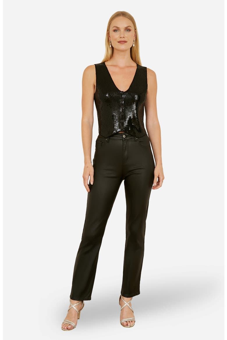 Sleeveless V-Neck Sequin Waistcoat Top, Alternate, color, Black