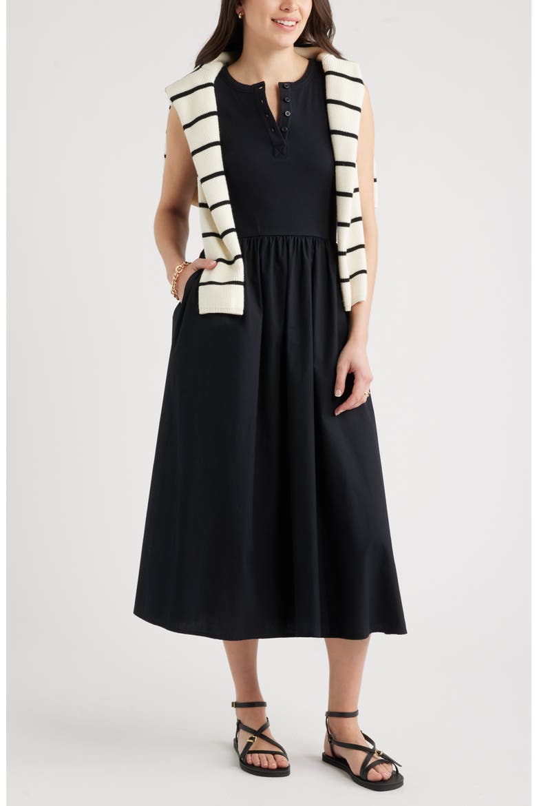 Sleeveless Mixed Media Midi Dress, Alternate, color, BLACK
