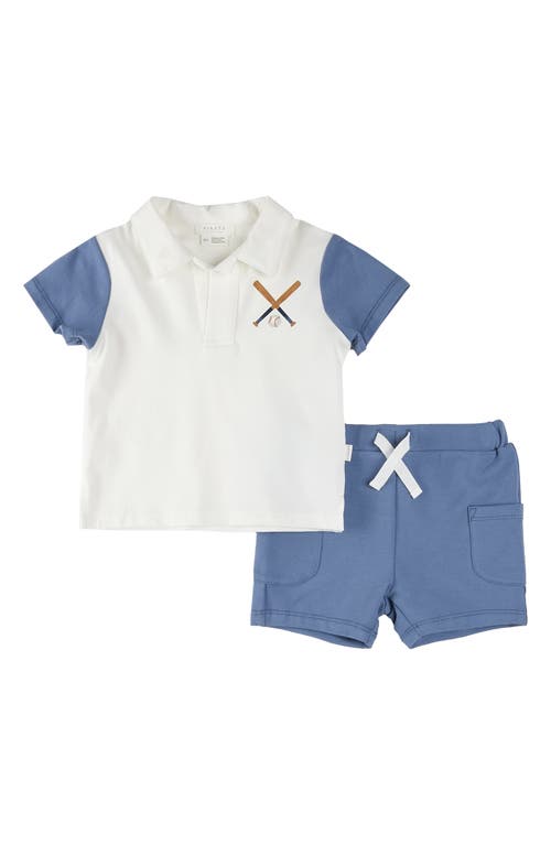 Firsts By Petit Lem Baseball Print Colorblock Polo & Shorts Set In Off White