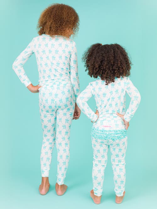 Shop Rufflebutts Softsnooze Girls Ruffle Long Sleeve Pajama Set In Teal Fairytale Bows