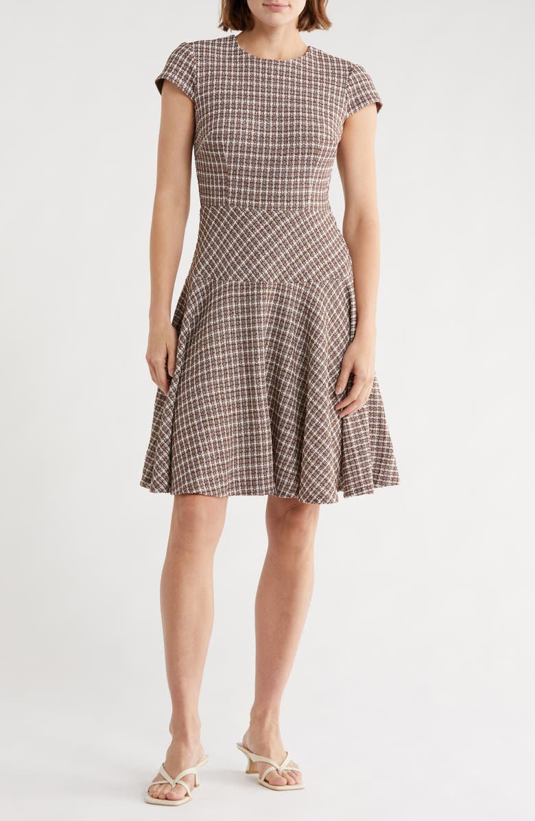 Eliza J Cap Sleeve Fit & Flare Dress, Main, color, Brown