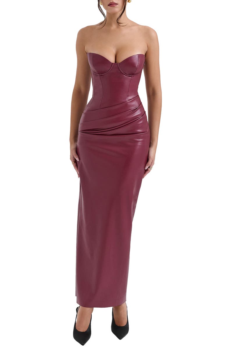HOUSE OF CB Juliana Corset Faux Leather Gown, Main, color, Cabernet