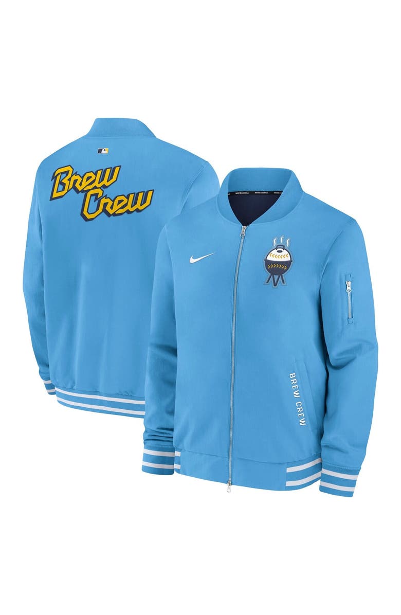 Nike Men's Nike  Light Blue Milwaukee Brewers Authentic Collection City Connect Full-Zip Bomber Jacket, Main, color, Light Blue