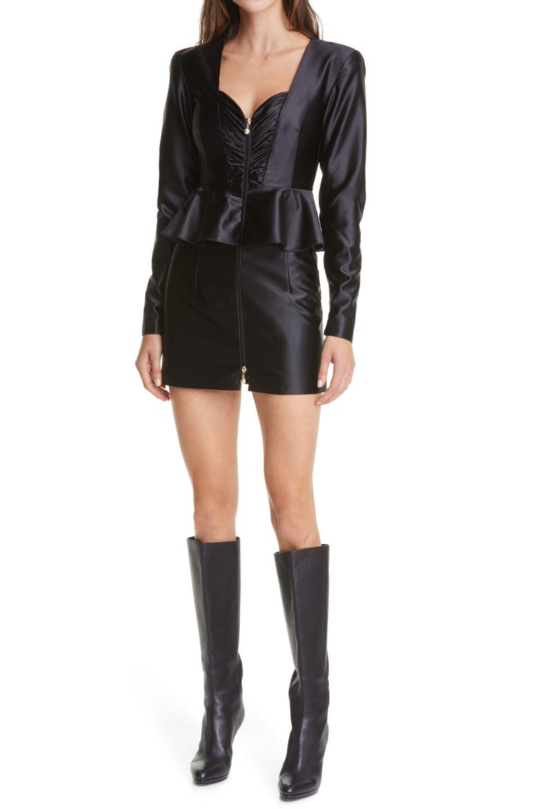 Annie Peplum Waist Long Sleeve Satin Dress, Main, color, BLACK