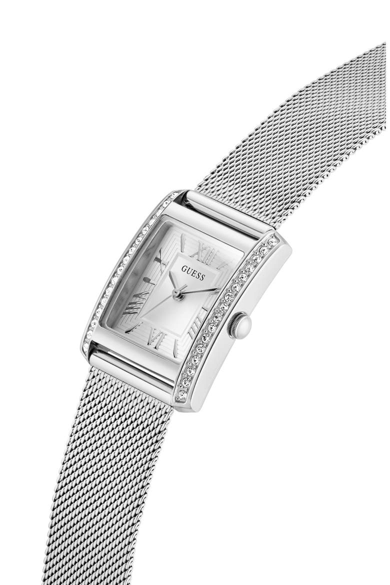 Crystal Bezel Tank Mesh Strap Watch, 17mm x 23mm, Alternate, color, WHITE/ SILVER
