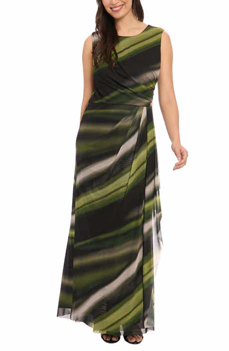London Times Sleeveless Ruched Mesh Maxi Dress