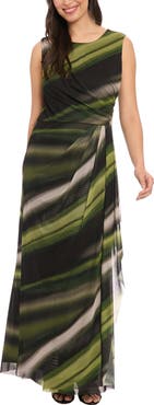 London Times Sleeveless Ruched Mesh Maxi Dress