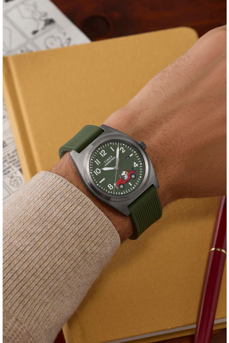 Peanuts® x Timex Expedition Snoopy Road Trip 39mm Silicone Strap Watch, Alternate, color, GREEN/ GUNMETAL