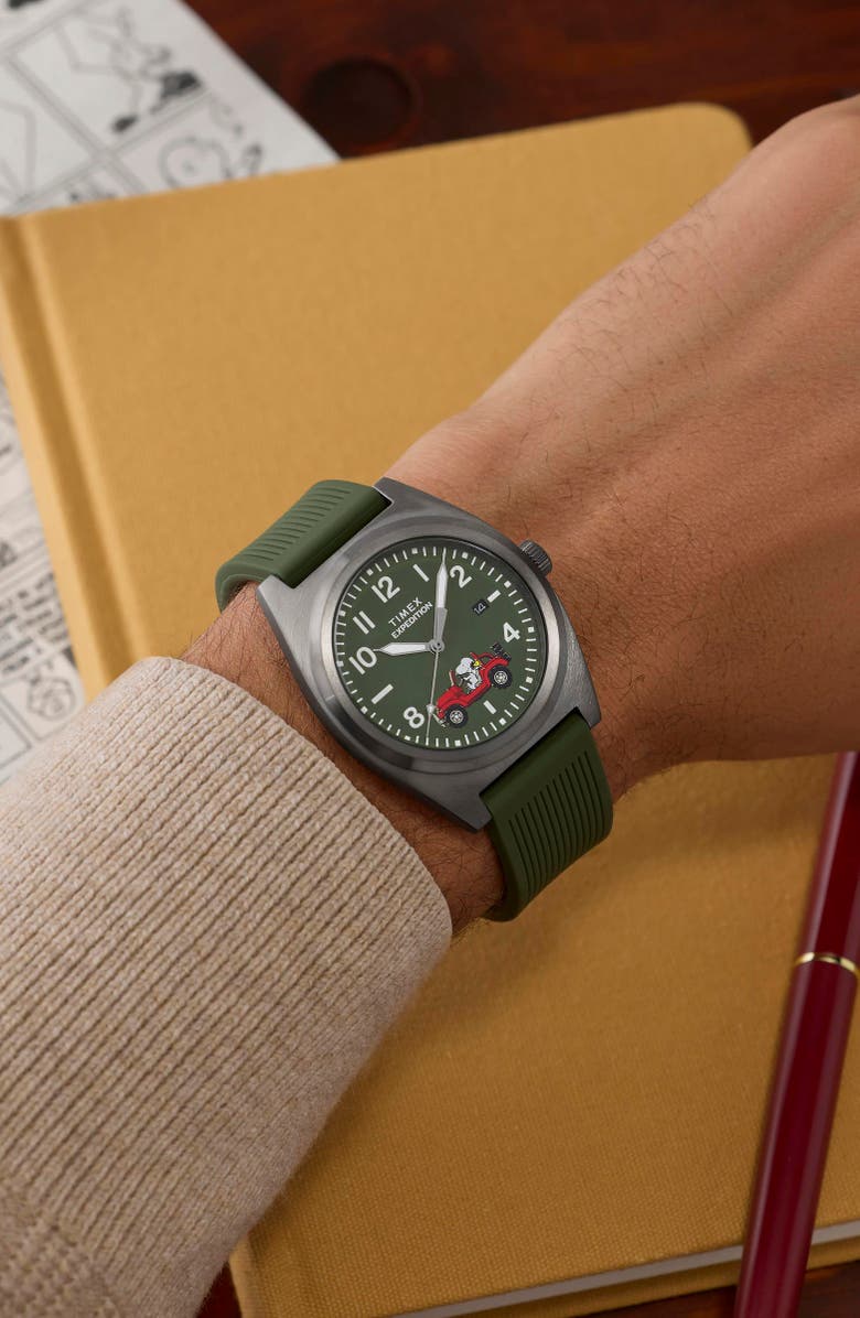 Timex<sup>®</sup> Peanuts<sup>®</sup> x Timex Expedition Snoopy Road Trip 39mm Silicone Strap Watch, Alternate, color, Green/ Gunmetal