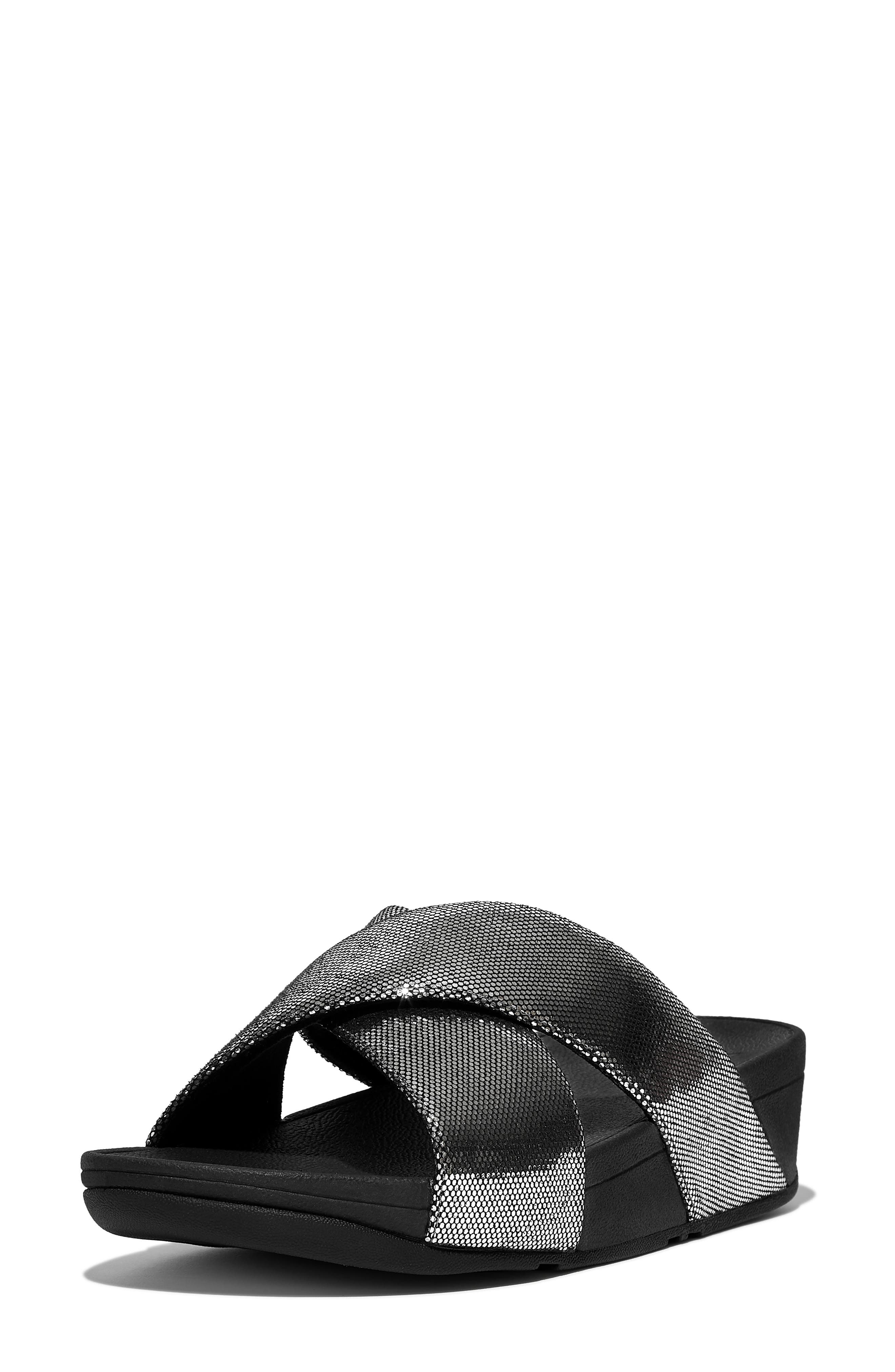 FitFlop Lulu Lustra Cross Slide Wedge Sandal, Alternate, color, Black/ Silver