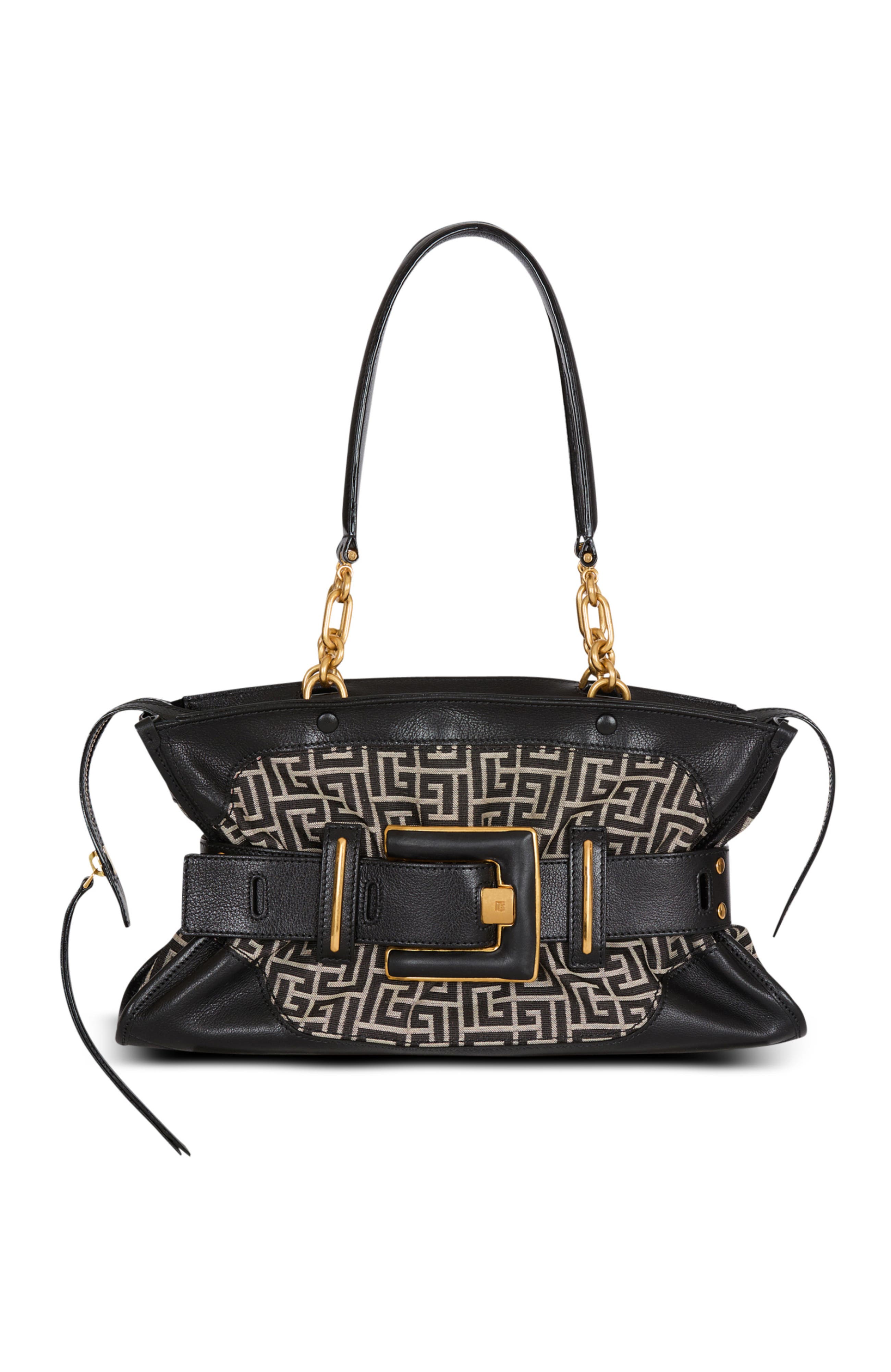 Balmain Leather and monogram jacquard Anthem bag, Main, color, Black