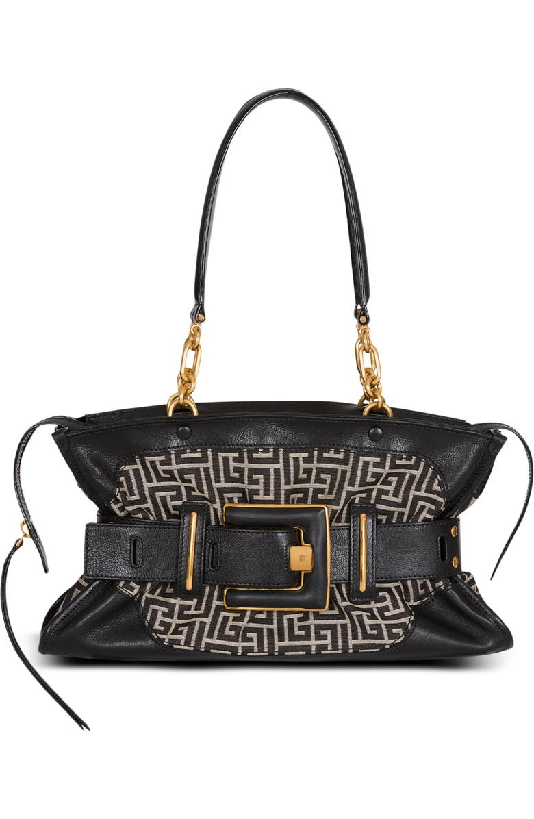 Balmain Leather and monogram jacquard Anthem bag, Main, color, Black
