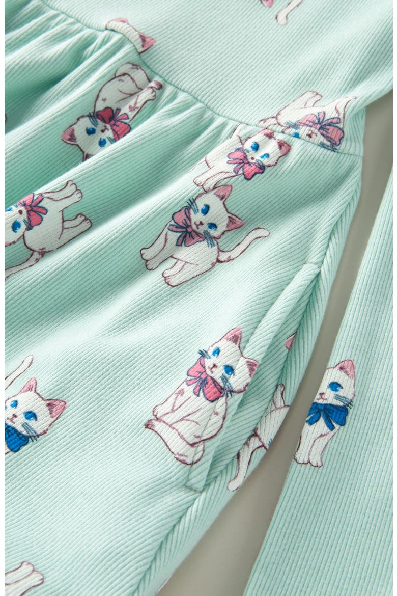 Kids' Ruffle Long Sleeve Rib Dress, Alternate, color, GREEN FLORA BOW KITTENS
