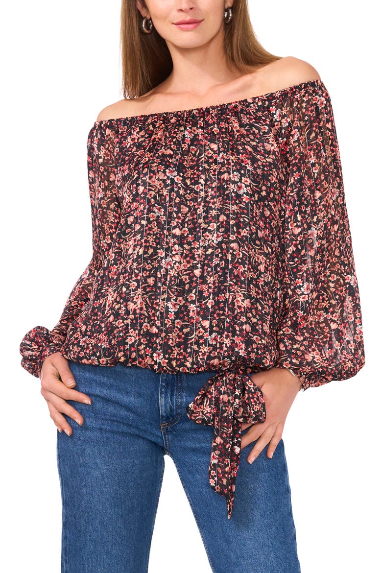 Floral Metallic Stripe Off the Shoulder Top, Main, color, RICH BLACK