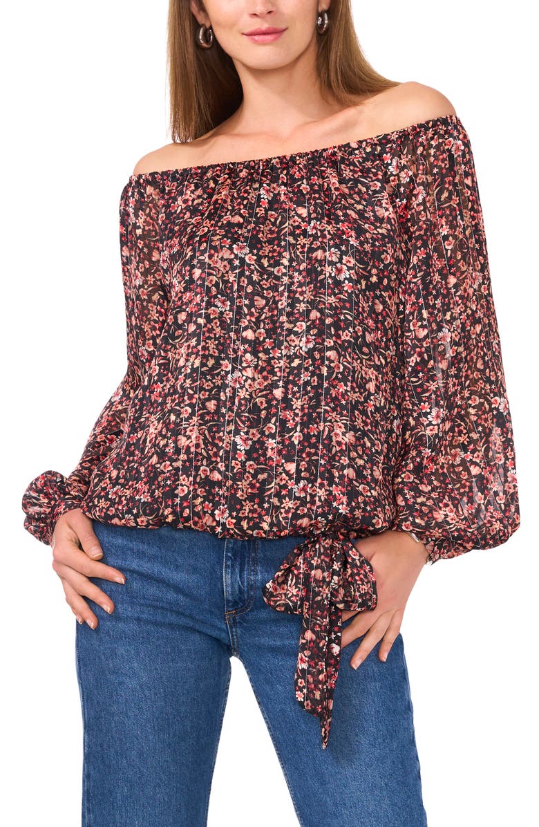 Vince Camuto Floral Metallic Stripe Off the Shoulder Top, Main, color, Rich Black