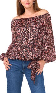Vince Camuto Floral Metallic Stripe Off the Shoulder Top