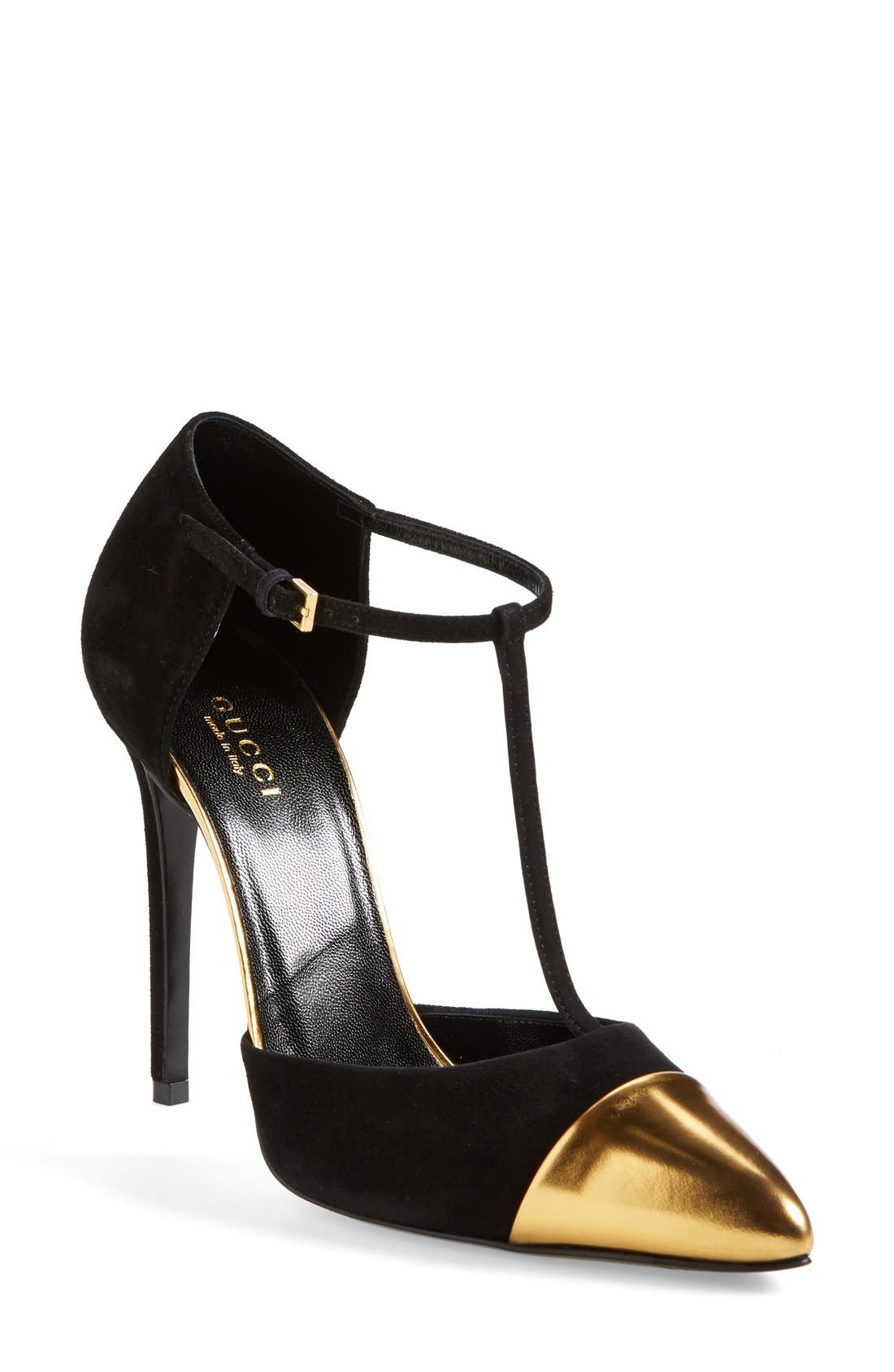 'Coline' T-Strap Cap Toe Pump, Main, color, BLACK