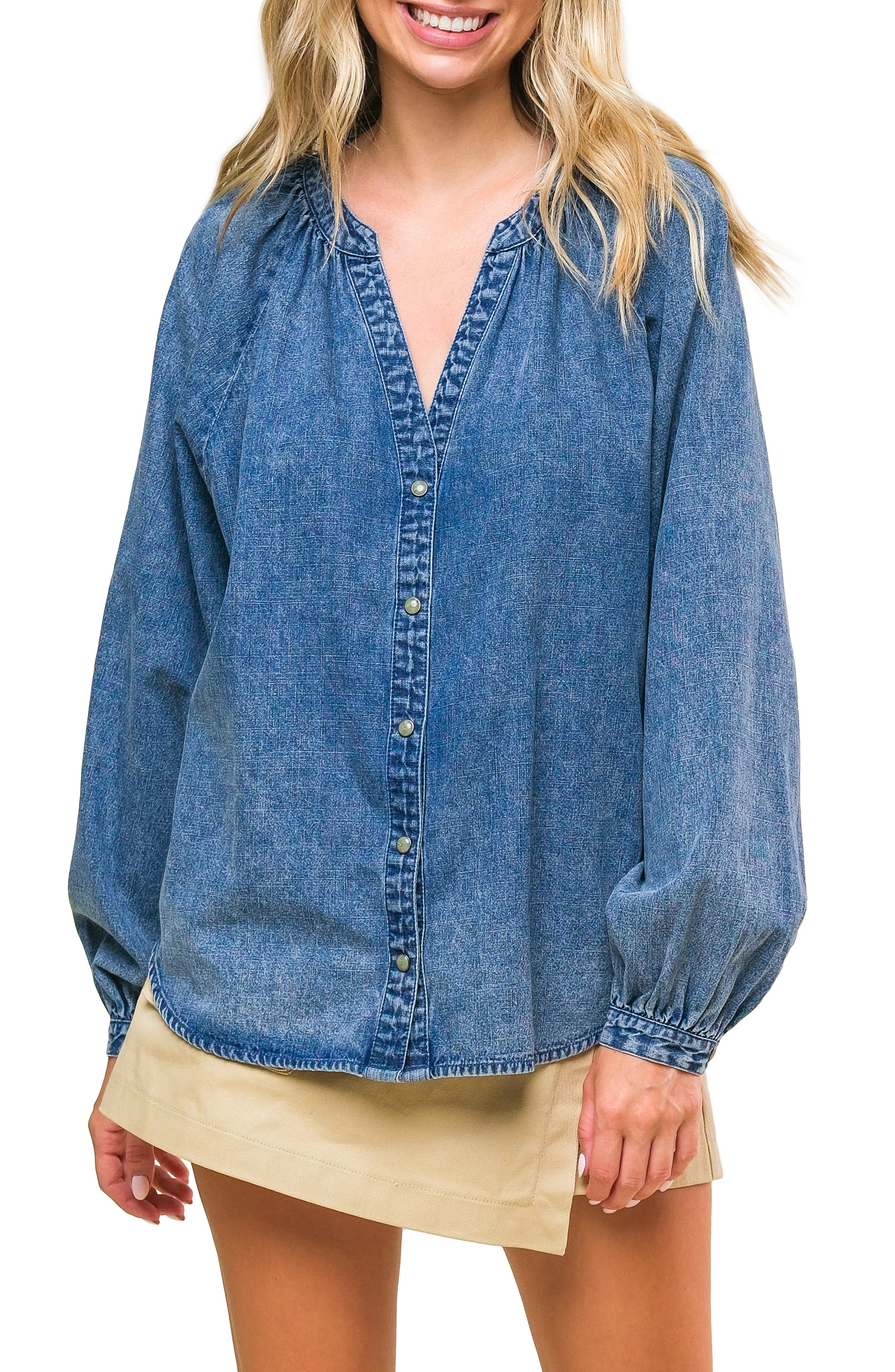 FLYING TOMATO Washed Long Sleeve Denim Top