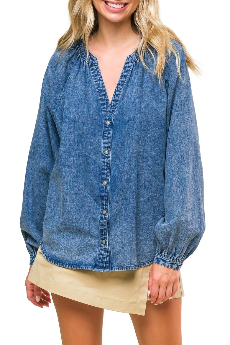 Washed Long Sleeve Denim Top, Main, color, MEDIUM INDIGO