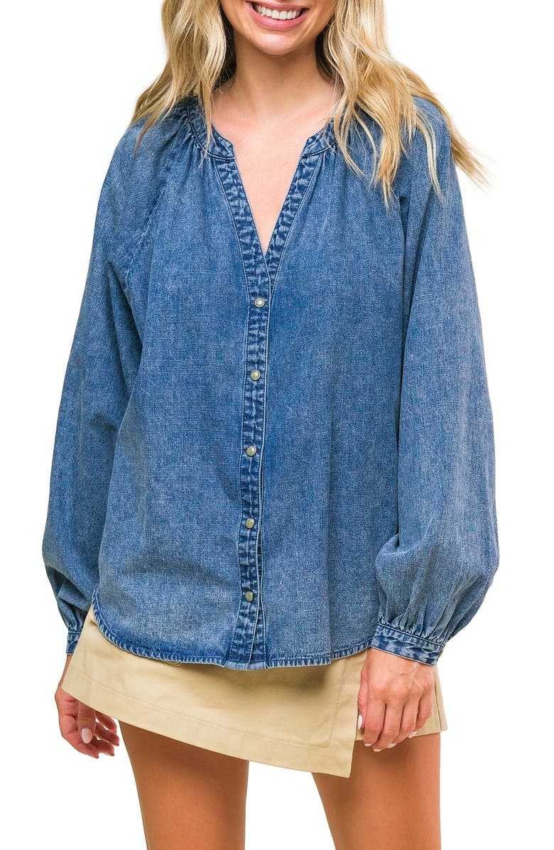 FLYING TOMATO Washed Long Sleeve Denim Top, Main, color, Medium Indigo