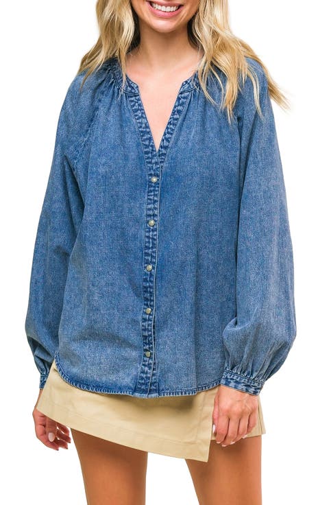 Washed Long Sleeve Denim Top
