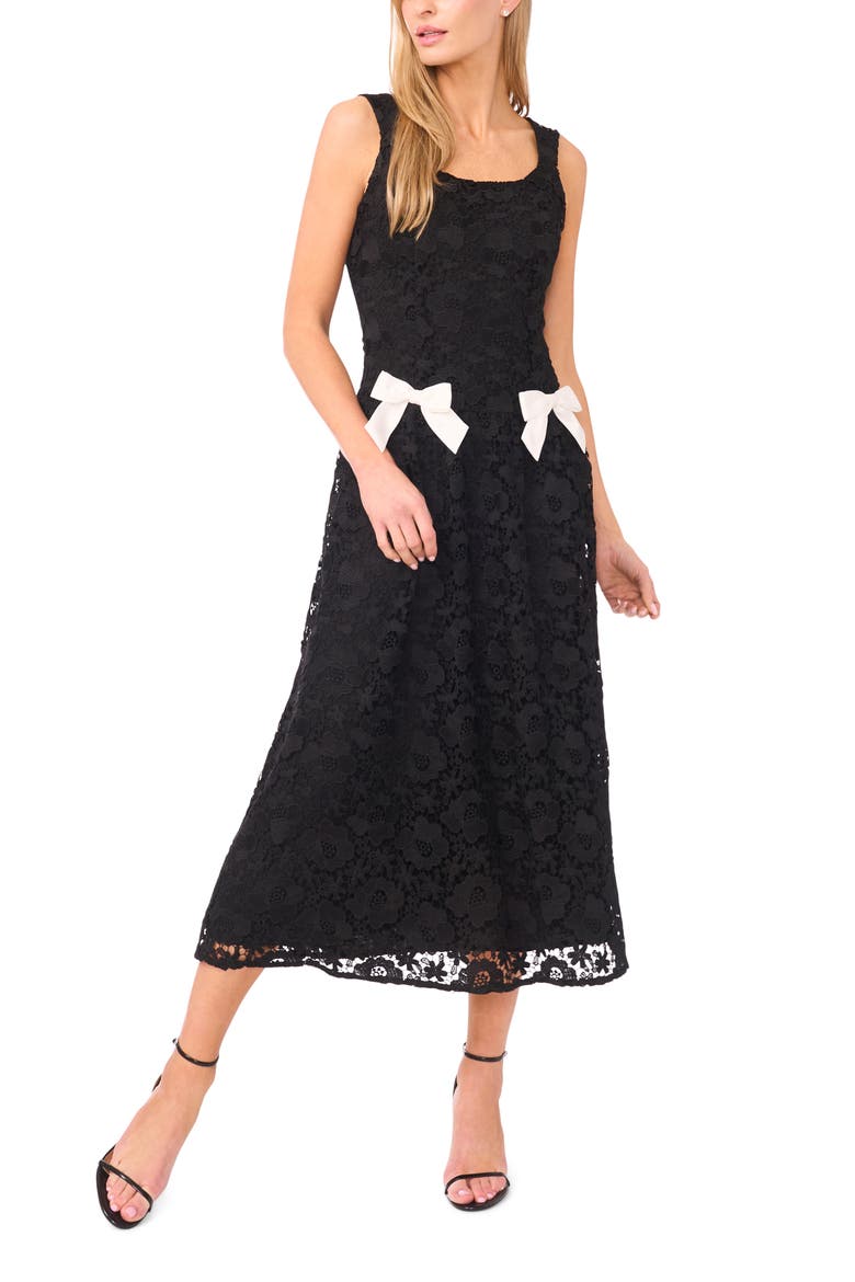 Bow Detail Floral Lace Midi Dress, Main, color, RICH BLACK/ IVORY